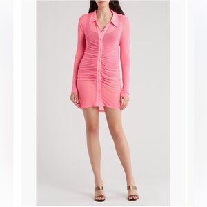Good American Ruched Long Sleeve Minidress Knockout Pink 3